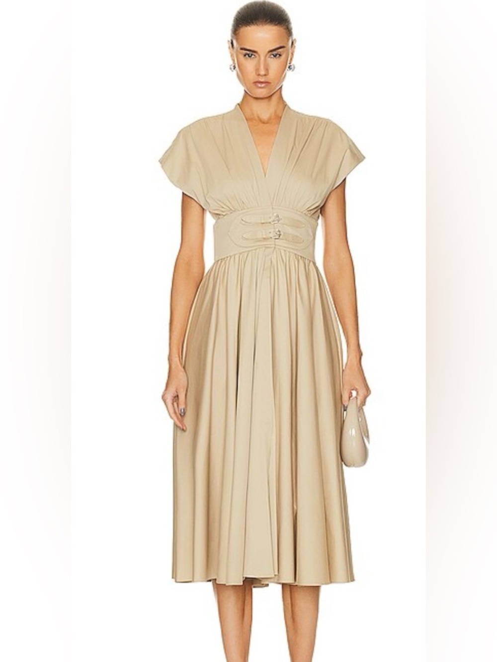 Alexis Bardello Neutral Beige Midi Dress with Buckled Waist